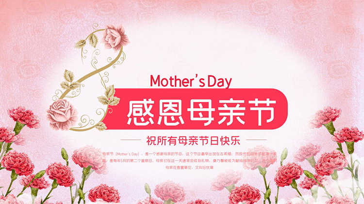 粉红康乃馨背景的感恩母亲节PPT模板